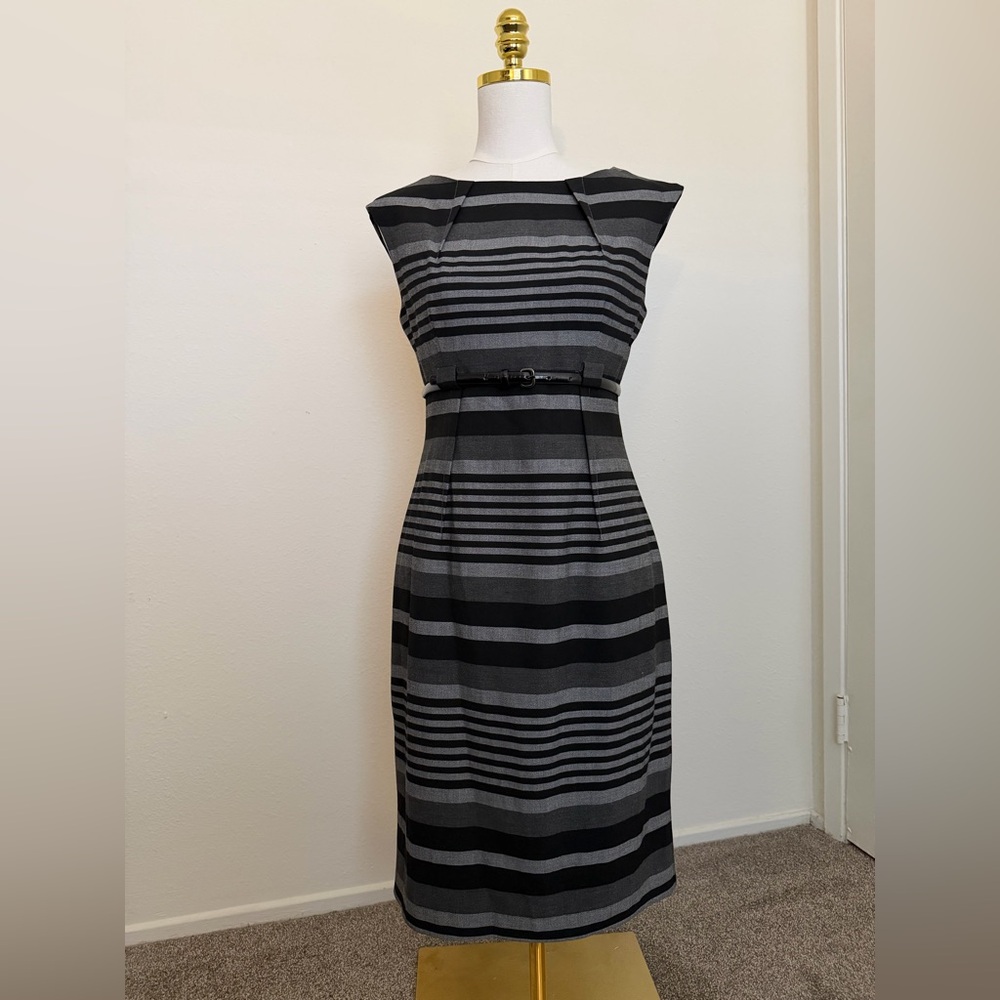 Calvin Klein Black and Gray Striped Midi Dress